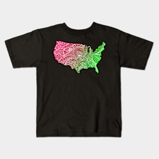 Colorful mandala art map of the United States of America in pink and green Kids T-Shirt